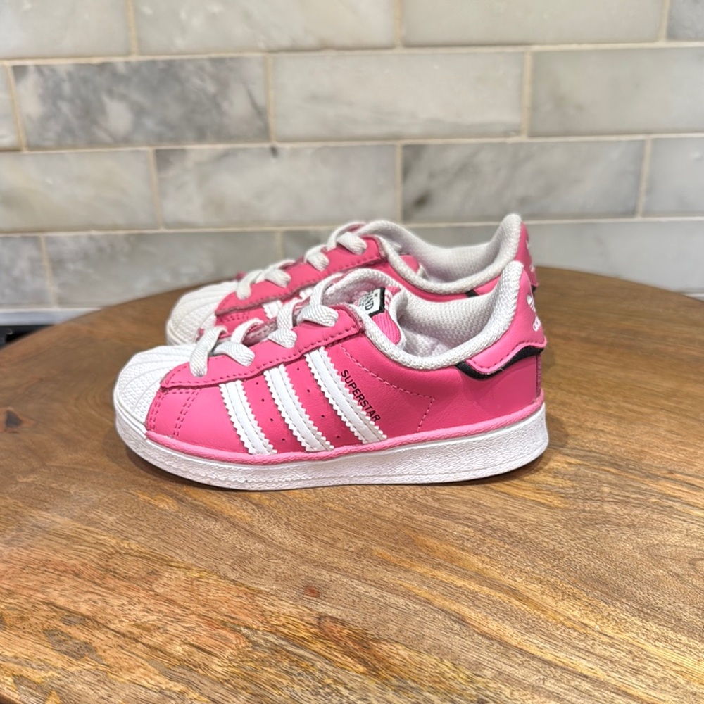 adidas Superstar Shoes Kids Pink and White Elastic Shoe Strings Sneakers